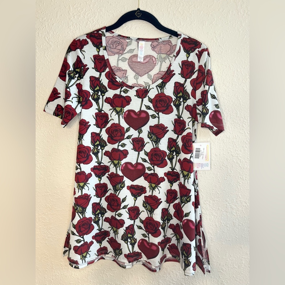 LuLaRoe Perfect T with red floral and heart design.